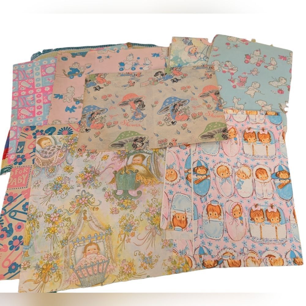 MCM Vintage 50s 60s 70s new baby shower wrapping paper lot